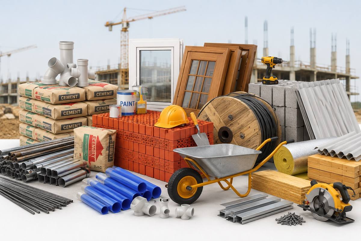 Construction materials including cement, pipes, roofing sheets, tools, and fittings