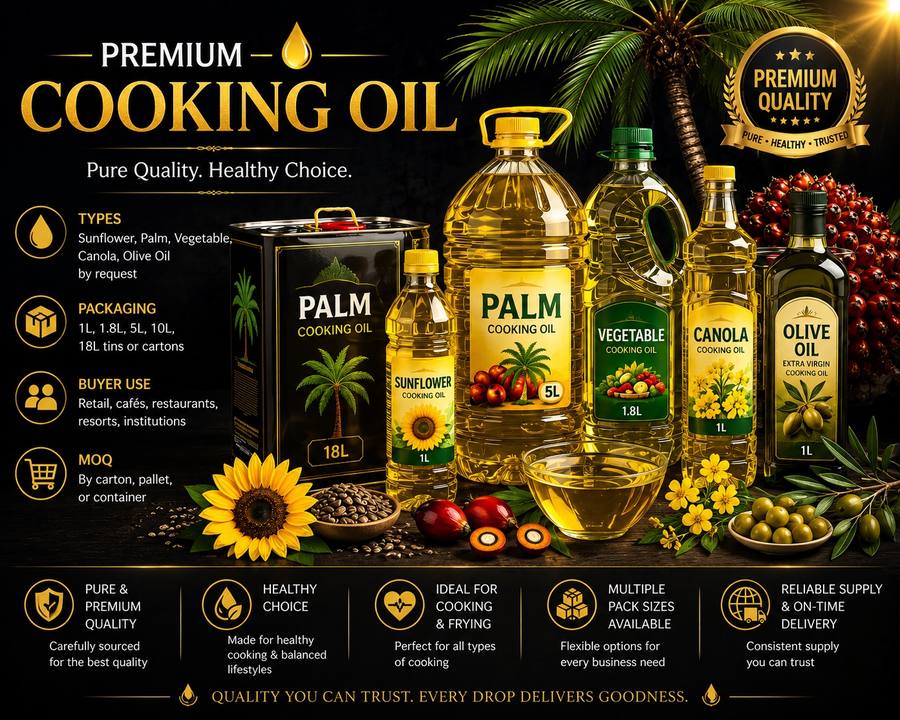 Cooking oil bottles and tins in multiple sizes