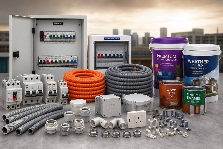 Electrical fittings, conduits, switchgear, and paint products