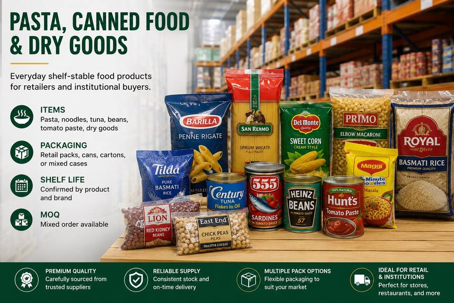 Pasta, canned food, rice, and dry goods assortment