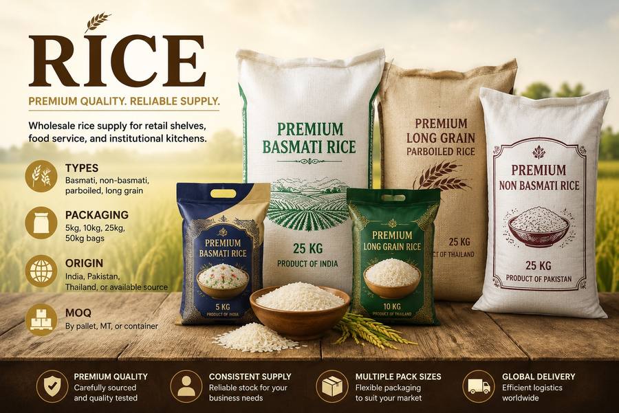 Rice bags in multiple packaging sizes